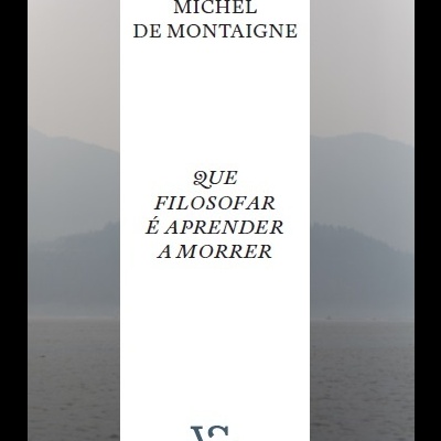 Capa de livro branca com texto preto e símbolo gráfico, fundo desfocado de montanhas e água