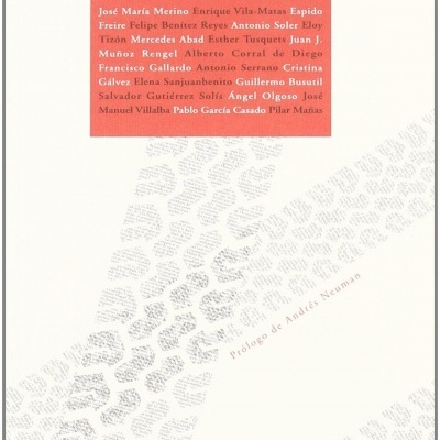 Capa de livro 'Relatos para leer en el autobús' com nomes de autores e padrão repetido de texto no fundo branco