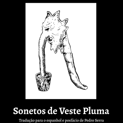 Capa de livro Sonetos de Veste Pluma com ilustração a tinta preta em branco e texto informativo