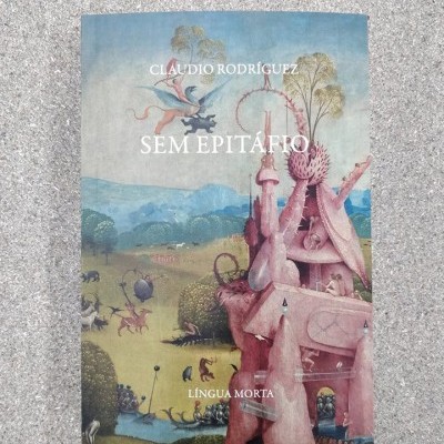 Capa de livro 'SEM EPITÁFIO' com ilustração surrealista e texto visível.