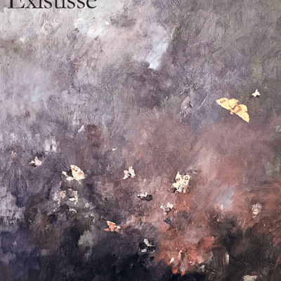 Capa de livro com pintura abstrata em tons cinza, roxo e castanho e texto