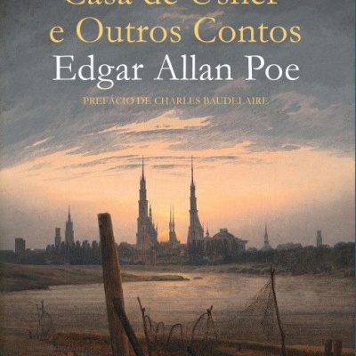 Capa de livro A Queda da Casa de Usher e Outros Contos de Edgar Allan Poe com paisagem ao pôr do sol