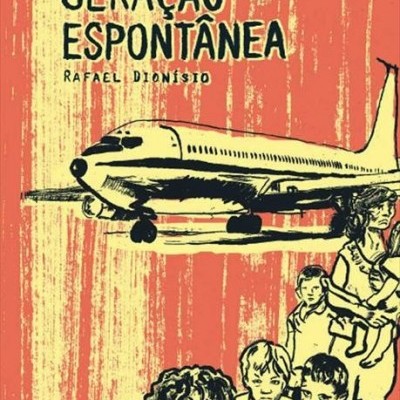 Capa de livro com título, autor, avião e crianças desenhadas em fundo laranja e amarelo