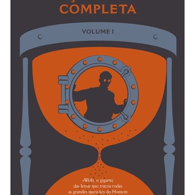 Capa de livro FICÇÃO CURTA COMPLETA de H.G. Wells com design de ampulheta e figura humana