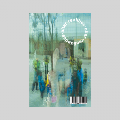 Arte digital abstrata com figuras humanas sobrepostas e texto circular branco.