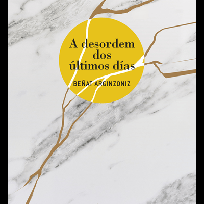 Capa de livro com design em mármore e texto em círculo amarelo