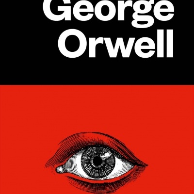 Capa de livro 1984 de George Orwell com olho desenhado em preto e branco sobre fundo vermelho e texto branco sobre fundo preto
