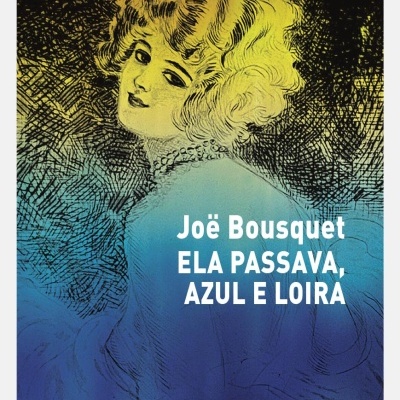 Capa de livro azul e amarela com ilustração de mulher loira e texto branco