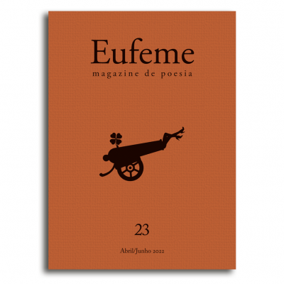 Capa de revista de poesia Eufeme com canhão e flor em fundo castanho alaranjado