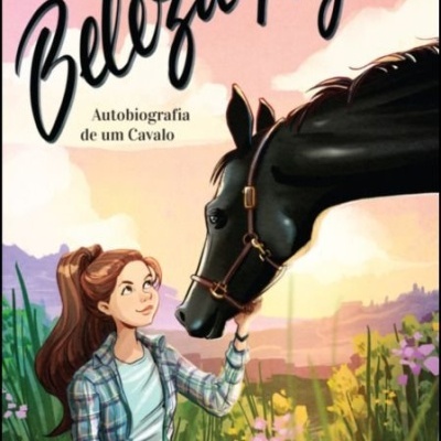 Capa do livro Beleza Negra com jovem e cavalo negro em campo ao pôr do sol