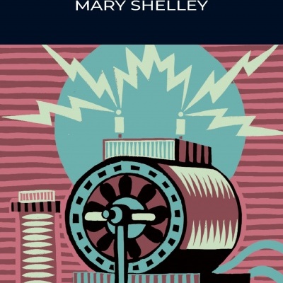Capa do livro Frankenstein de Mary Shelley com ilustração abstrata de máquina elétrica