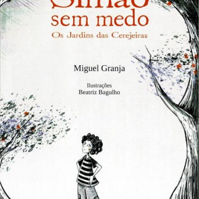 Capa do livro 'Simão sem medo Os Jardins das Cerejeiras' com ilustração de criança e árvores.