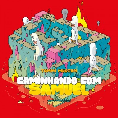 Ilustração de labirinto 3D com figuras brancas, fogo e texto colorido sobre fundo vermelho