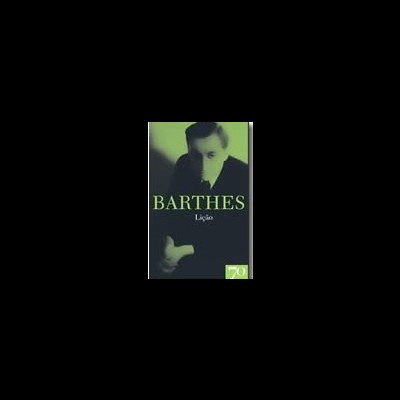 Capa de livro com texto BARTHES Lição e figura humana desfocada em preto e branco