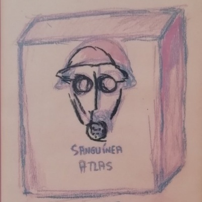 Desenho de caixa cor de rosa com rosto estilizado e texto SANGUINEA ATLAS, ALB ERTO VELHO NOGUEIRA