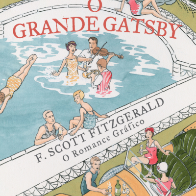 Capa ilustrada de livro O Grande Gatsby com piscina, pessoas e automóvel clássico amarelo