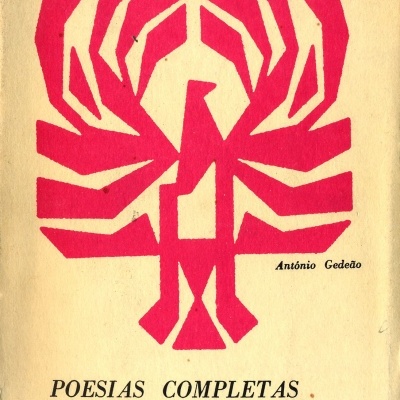 Capa de livro com desenho abstrato vermelho e texto 'POESIAS COMPLETAS (1956-1967)' e autor António Gedeão
