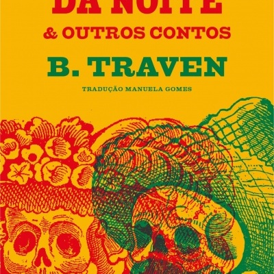 Capa de livro amarelo com títulos vermelhos, verdes e ilustrações de esqueletos coloridos decorados