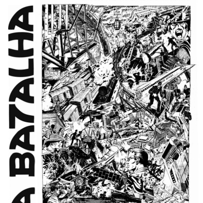 Capa de jornal a preto e branco 'Jornal de Expressão Anarquista' com ilustração complexa de cena de conflito.