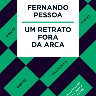 Capa de livro com losangos verdes e pretos e texto sobre Fernando Pessoa