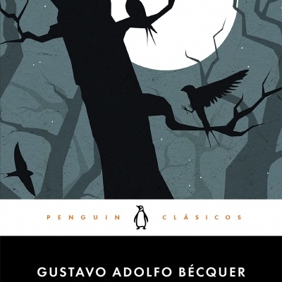 Capa de livro com árvore e pássaros em silhueta contra lua cheia e texto na parte inferior