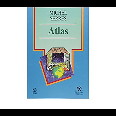 Capa do livro 'Atlas' de Michel Serres com ilustração do globo terrestre e mosaicos coloridos.