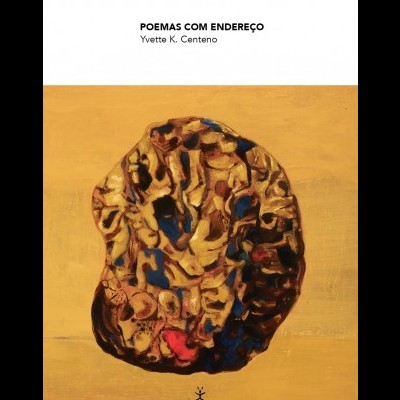 Capa de livro com pedra colorida e texto POEMAS COM ENDEREÇO