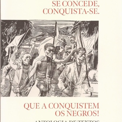 Capa de livro com ilustração a preto e branco de pessoas negras a marchar e título em vermelho e preto.