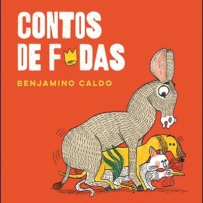 Capa de livro vermelha com título e desenho de burro e outros animais