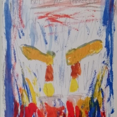 Pintura abstrata com mistura de cores e texto manuscrito