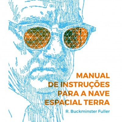 Capa de livro com ilustração azul de rosto com óculos laranja e texto