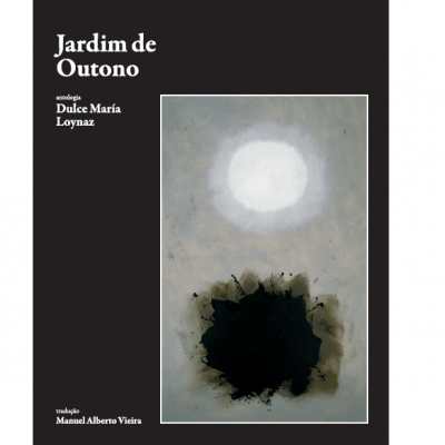 Capa de livro Jardim de Outono com ilustração abstrata e texto branco em fundo preto.