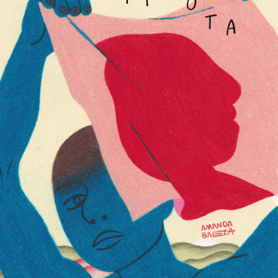 Desenho de figura azul segurando tecido rosa com silhueta vermelha de cabeça e texto MITIMOTA