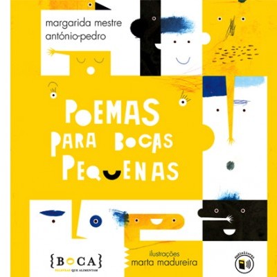 Capa de livro com ilustrações geométricas de rostos e texto em amarelo, branco, preto e azul