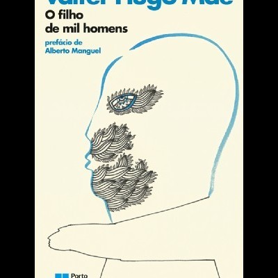 Capa de livro com ilustração de rosto e texto em azul e preto