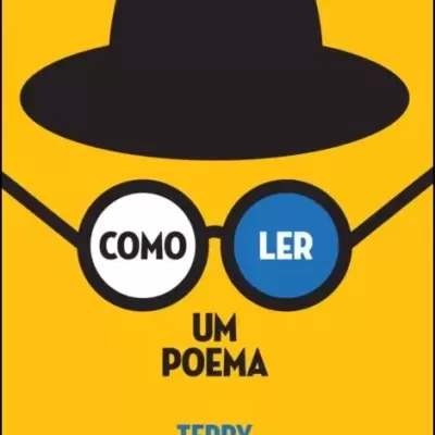 Capa de livro amarela com chapéu preto e óculos ilustrados contendo as palavras COME e LER.