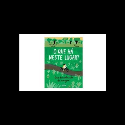 Capa de livro infantil verde com ilustrações de natureza e criança de bicicleta