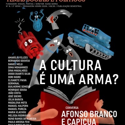 Capa da revista Manifesto com ilustração de armas animadas e duas mãos segurando um livro vermelho aberto