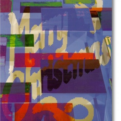 Imagem abstrata com blocos coloridos e texto parcialmente legível em amarelo.