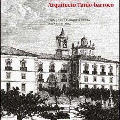 Capa de livro com edifício barroco em ilustração a preto e branco e texto em preto e vermelho