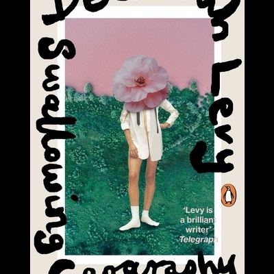 Capa do livro 'Swimming Geography' de Deborah Levy com figura feminina e flor rosa na cabeça