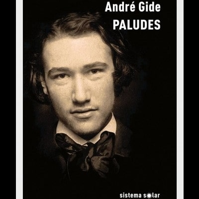 Capa de livro com fotografia sépia de homem jovem e texto 'André Gide PALUDES sistema solar'