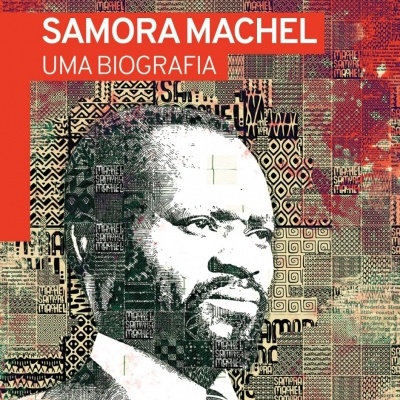 Capa do livro Samora Machel Uma Biografia com retrato estilizado do autor e texto em vermelho