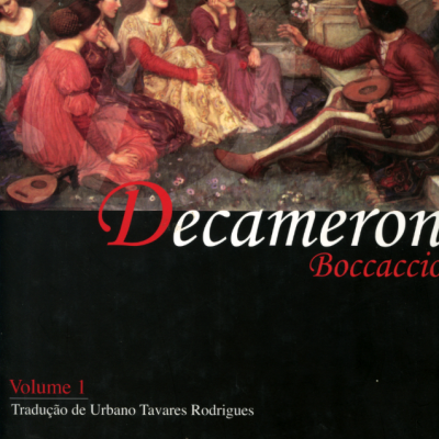Capa de livro com pintura clássica de pessoas sentadas ao lado de uma fonte e texto Decameron Boccaccio