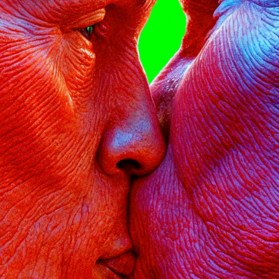 Duas faces humanas pintadas em vermelho e azul encostando os narizes com fundo verde e texto Contemporânea #11