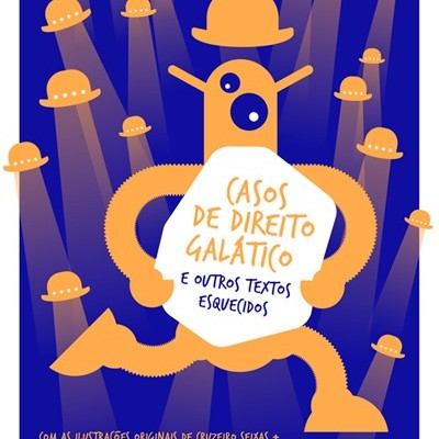 Capa de livro azul com figura laranja estilizada e texto sobre direito galático