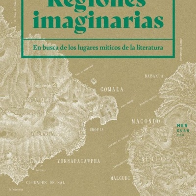 Capa de livro com título 'Regiones imaginarias' e mapa fantasioso em bege e verde.