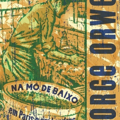 Imagem estilizada em tons verdes e amarelos com homem lavando pia e texto GEORGE ORWELL