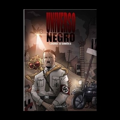 Capa de livro com título 'UNIVERSO NEGRO', figuras masculina com uniforme branco e criatura alienígena à noite