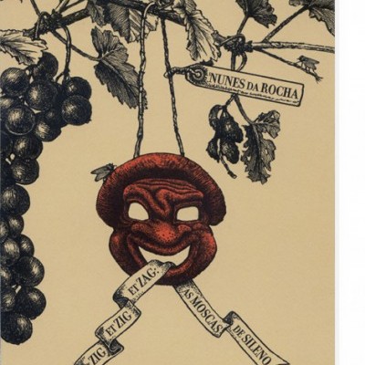 Capa de livro com ilustração de uvas pretas e máscara vermelha com texto